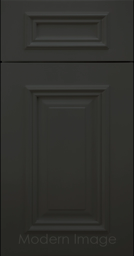 Heritage custom cabinets in a Midnight Sun finish with classic raised panel doors and modern flat slab drawers.